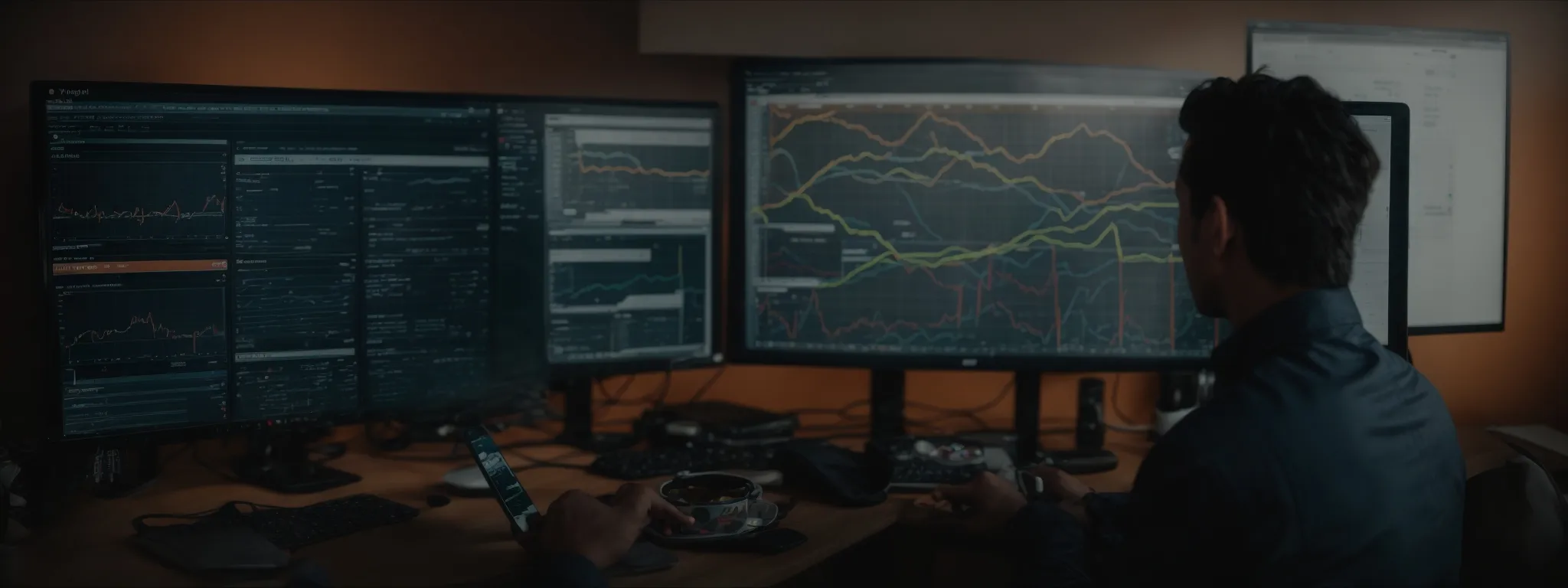 a marketer studies a dashboard on a computer screen displaying website traffic analytics.