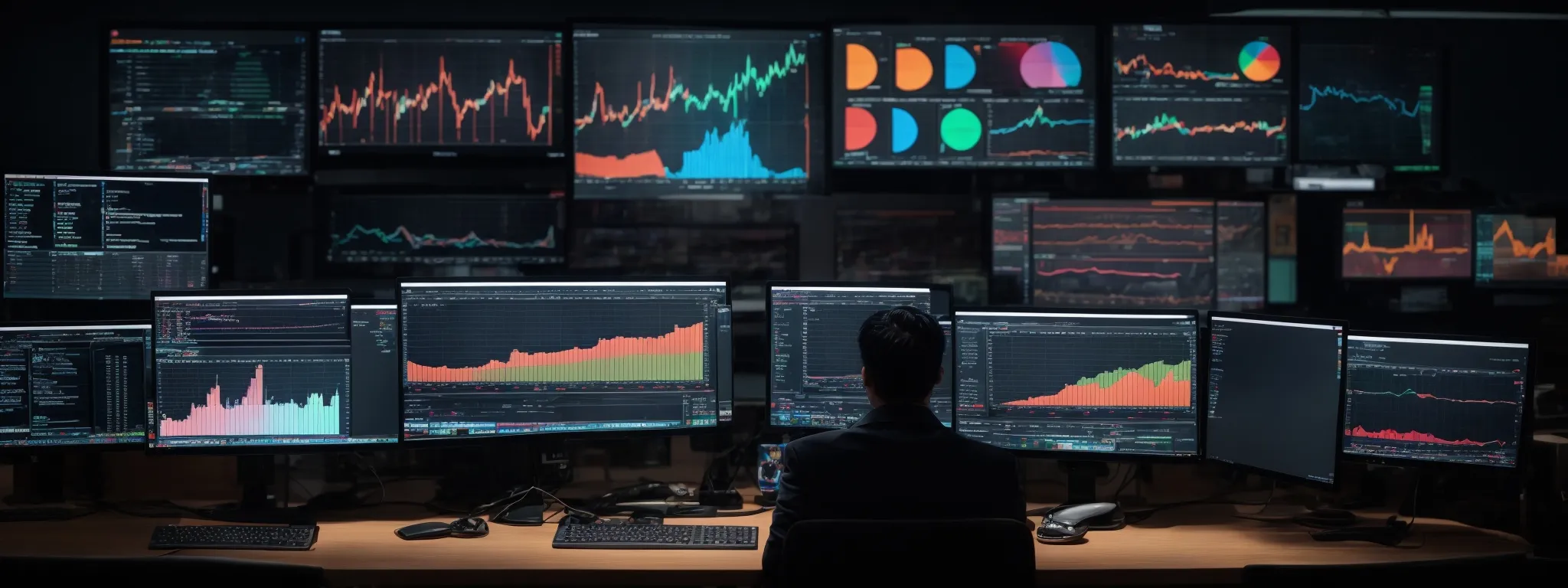 a person at a desk surrounded by multiple computer screens displaying colorful graphs and analytics dashboards.