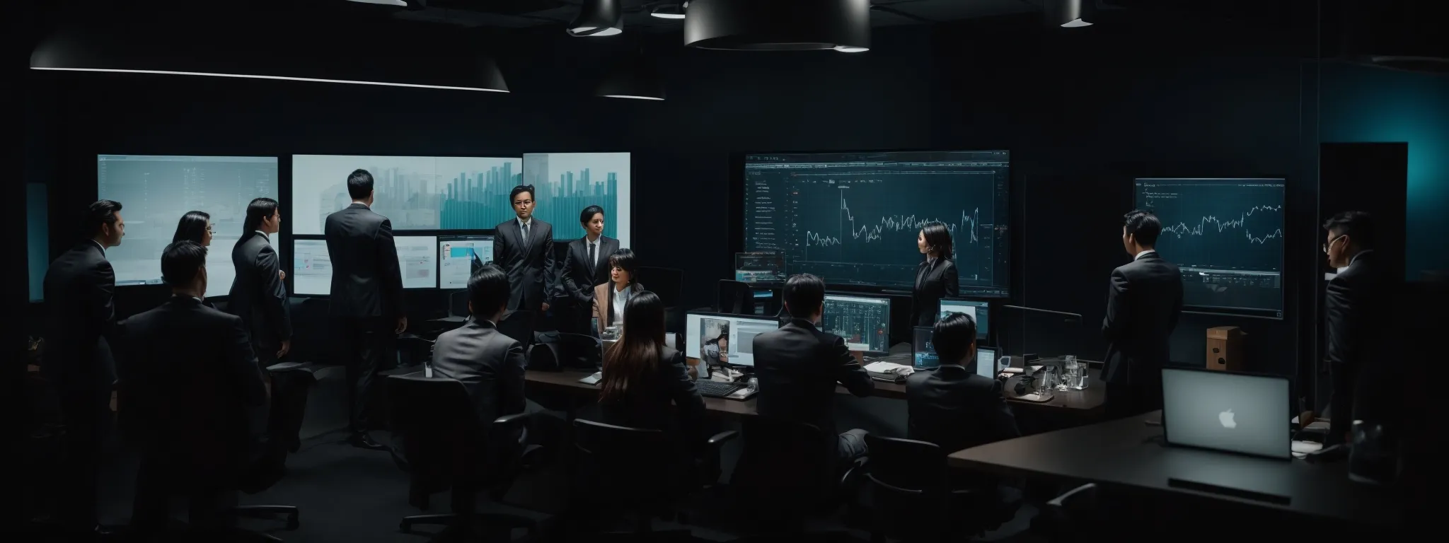 a group of professionals is gathered around a digital screen, discussing interactive graphs and marketing strategies.