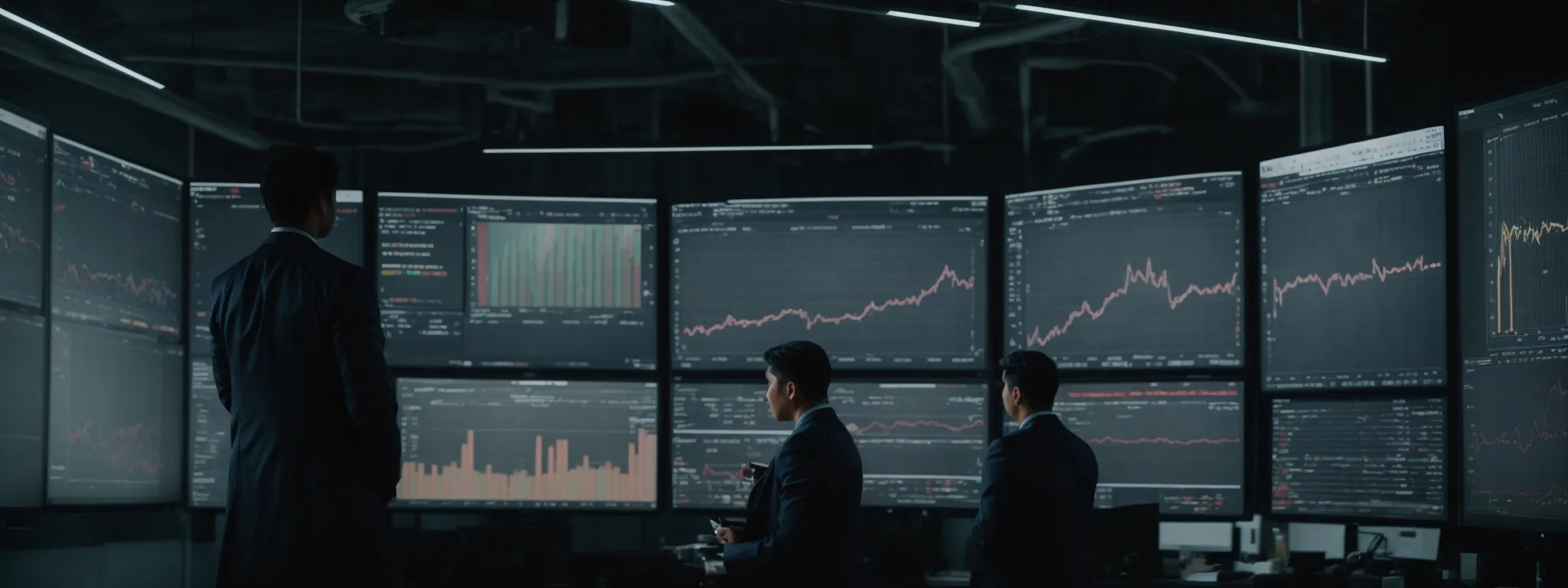 a marketing team analyzes data analytics on a large screen showing social media performance metrics.