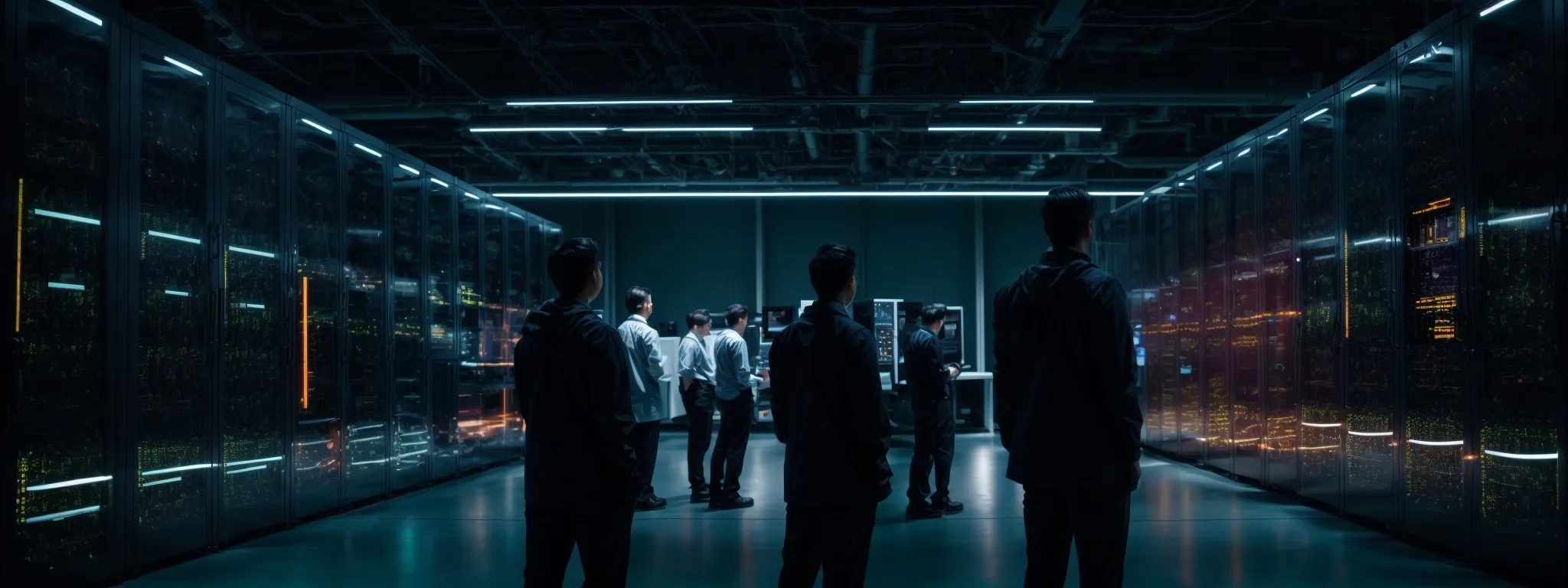 a group of servers arranged in a data center, glowing with activity indicators.