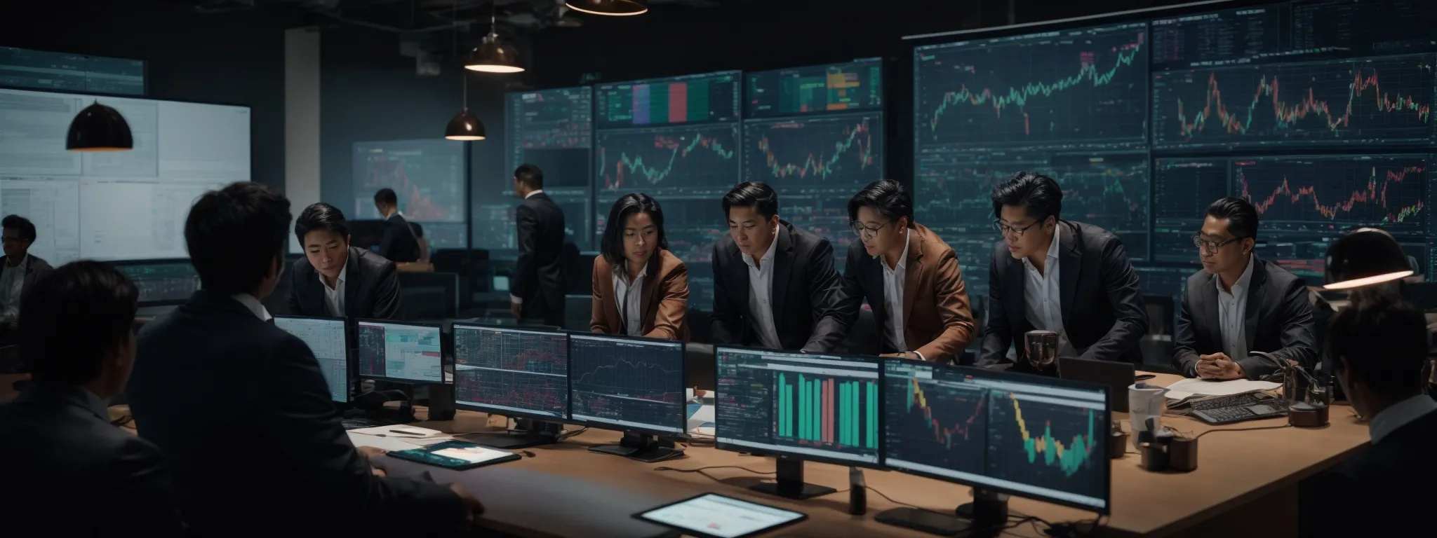 a diverse group of professionals collaboratively working around a large screen displaying colorful analytics charts.