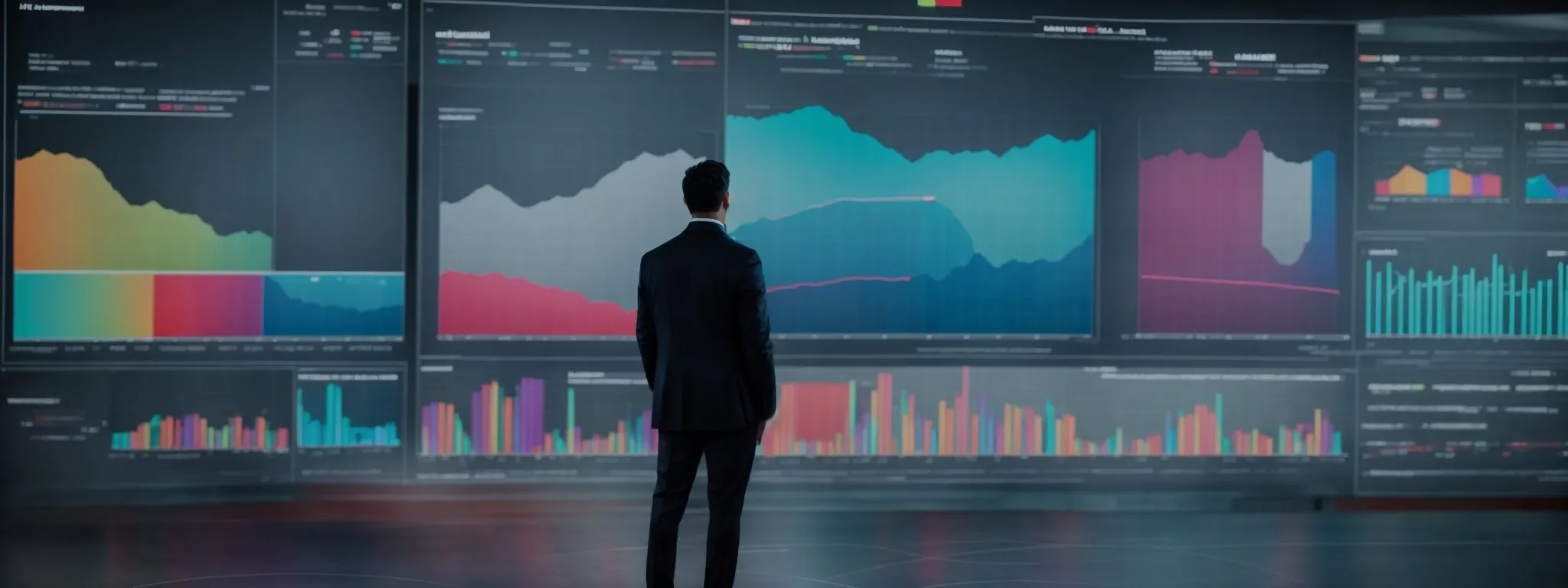 a person standing in front of a large screen displaying colorful pie charts and bar graphs analyzing digital marketing data.