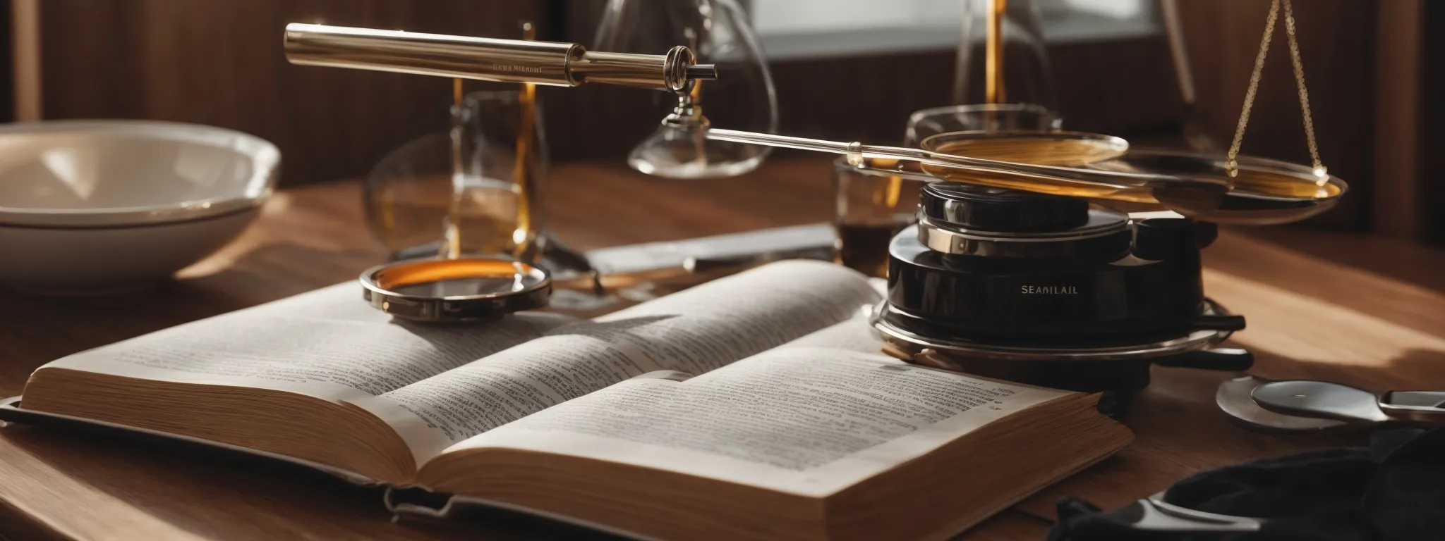 a balanced scale where one side holds a magnifying glass over a web diagram and the other showcases a storytelling book, representing the evaluation of seo and content marketing success.