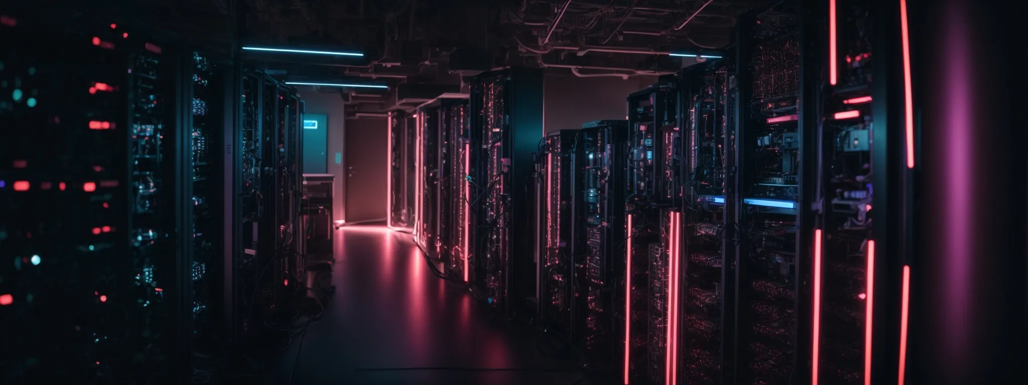 a server room with glowing lights reflecting advanced ai computing power for video seo analysis.