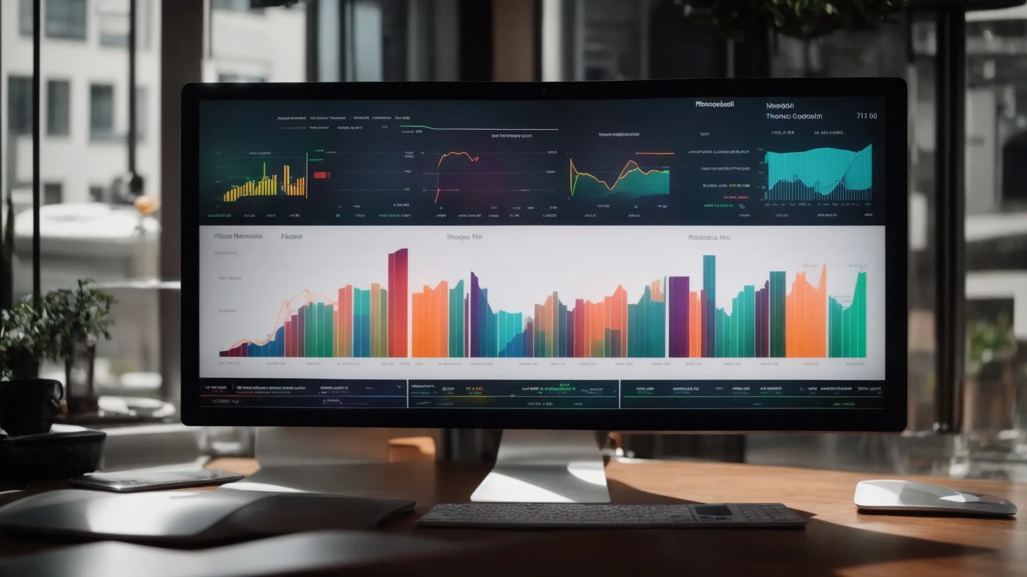 a desktop screen displaying colorful charts and graphs related to online shop performance metrics.