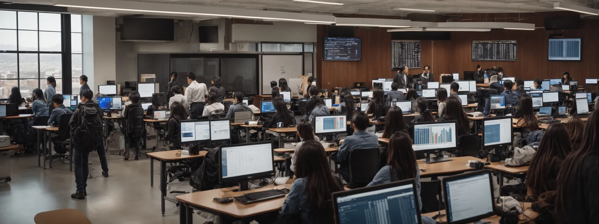 a bustling classroom filled with modern computers and large screens displaying marketing analytics, set against the sweeping backdrop of a high-tech californian campus.