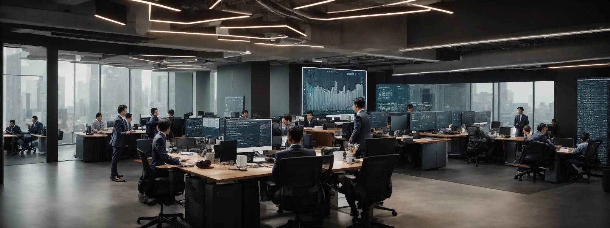 a modern office with a large computer screen displaying data charts, surrounded by digital marketing professionals discussing strategies.