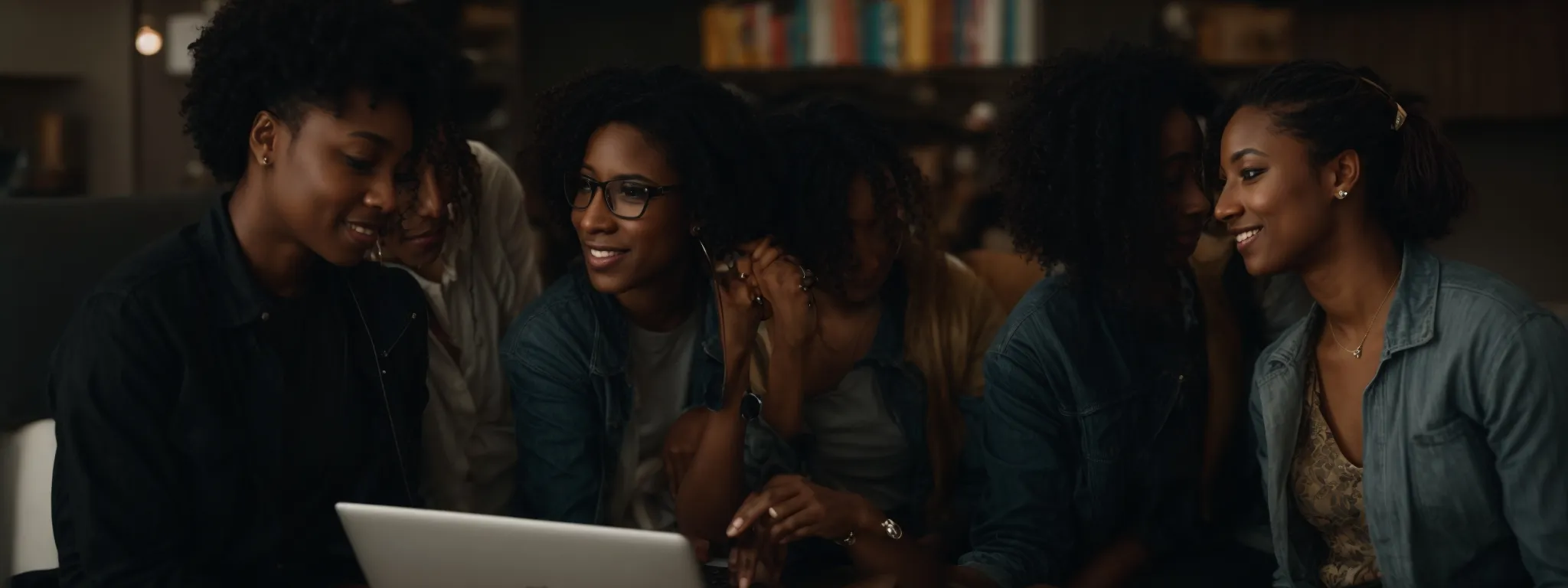 a dynamic group of diverse professionals gathers around a laptop, enthusiastically discussing an online strategy.