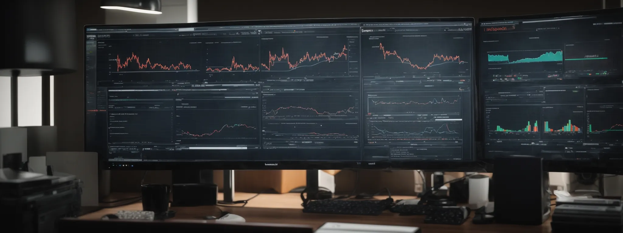 a computer screen displaying a complex web analytics dashboard amidst an office setting, symbolizing the tech-savvy nature of modern seo practices.