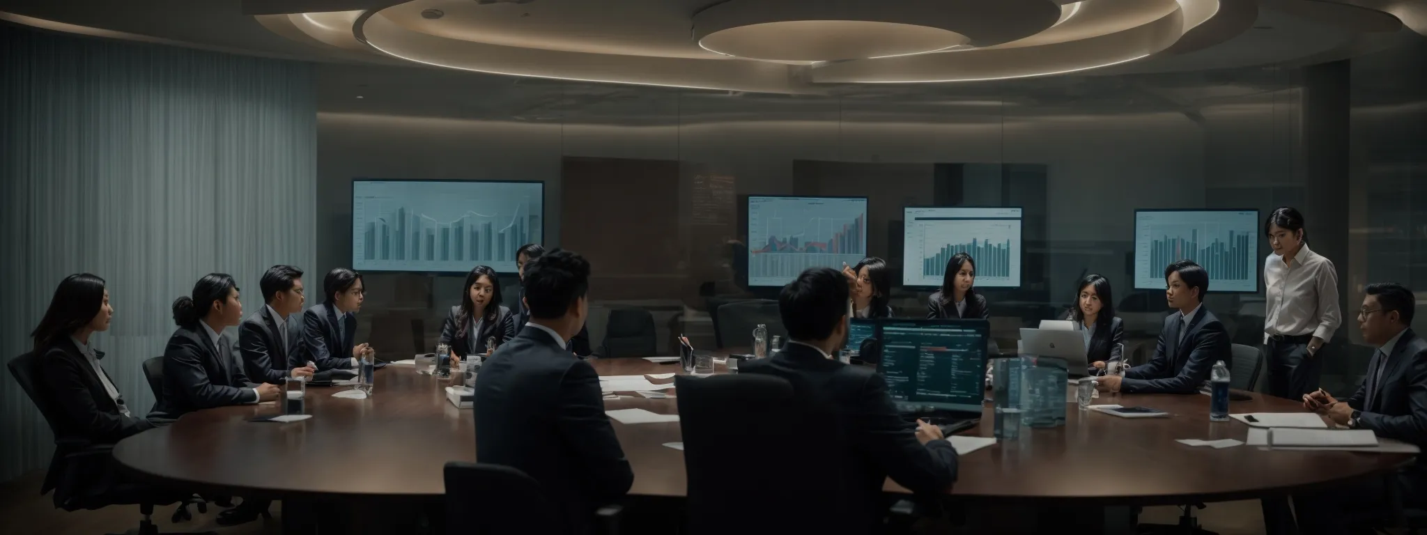 a team of marketers gather around a conference table, analyzing data charts on a large digital screen.
