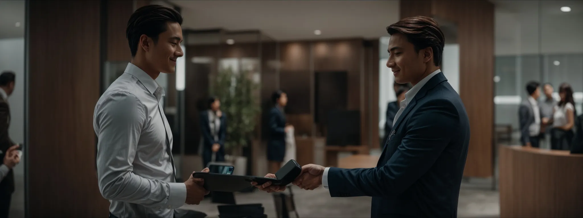 a brand representative is shaking hands with a charismatic person holding a smartphone, in front of a sleek, modern office space.