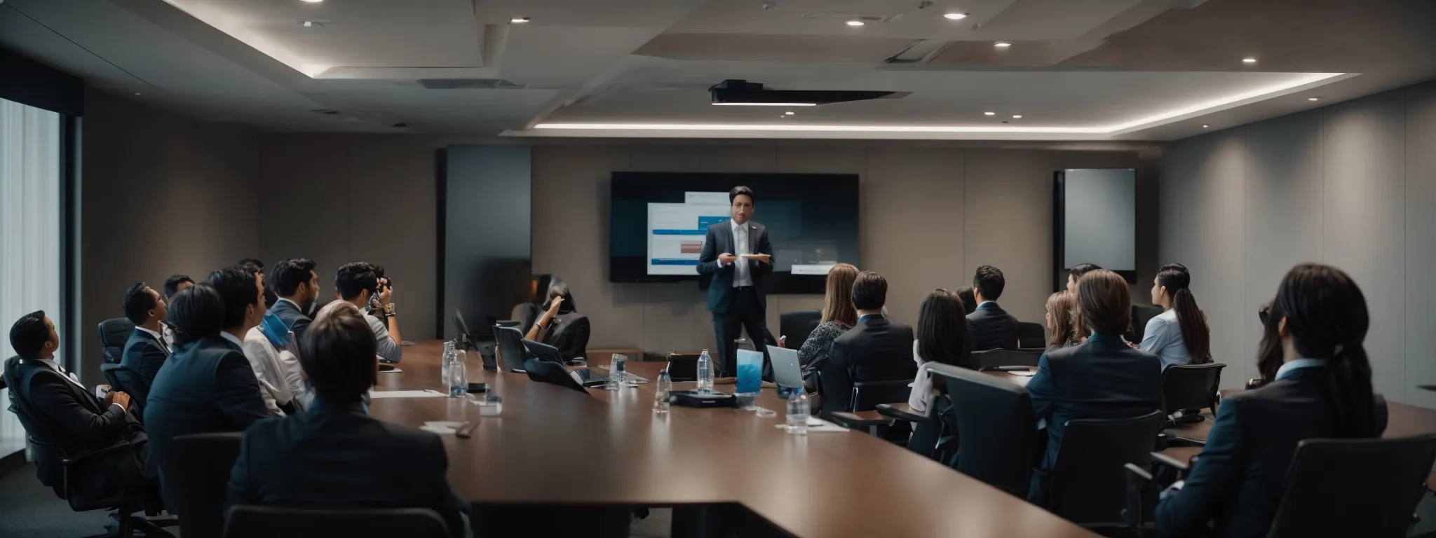 a group of attentive professionals seated in a modern conference room, focused on a presenter conducting an seo workshop.