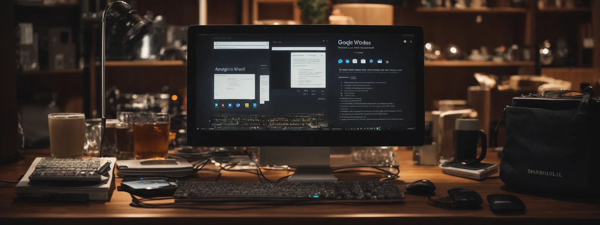 a computer with google webmaster tools on the screen, amidst seo optimization icons.