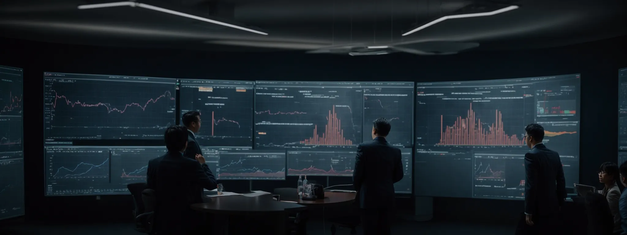 a group of professionals gathered around a large screen displays graphs and analytics, discussing strategies.