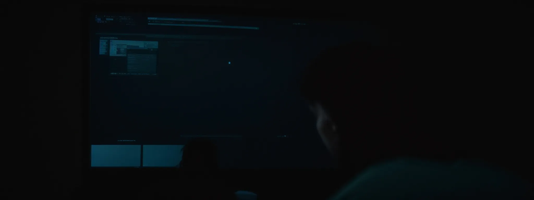a person looking thoughtfully at a computer screen with a website displayed in dark mode.