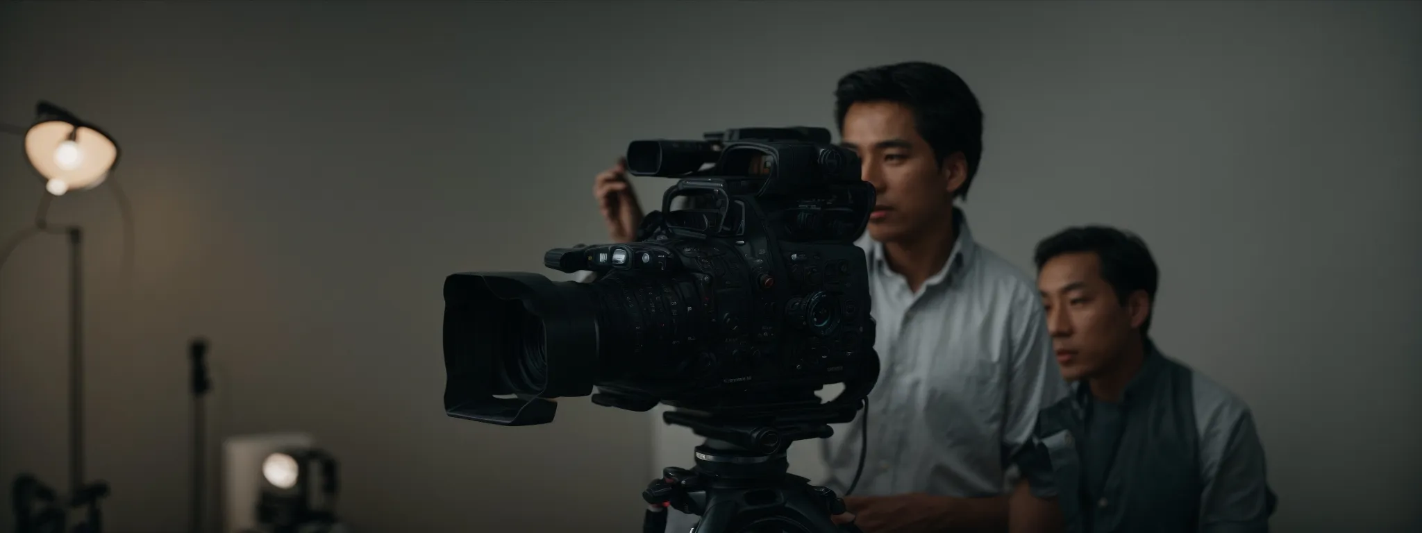 a professional camera on a tripod focuses on a person speaking in a well-lit studio setting, equipped with advanced recording gear.