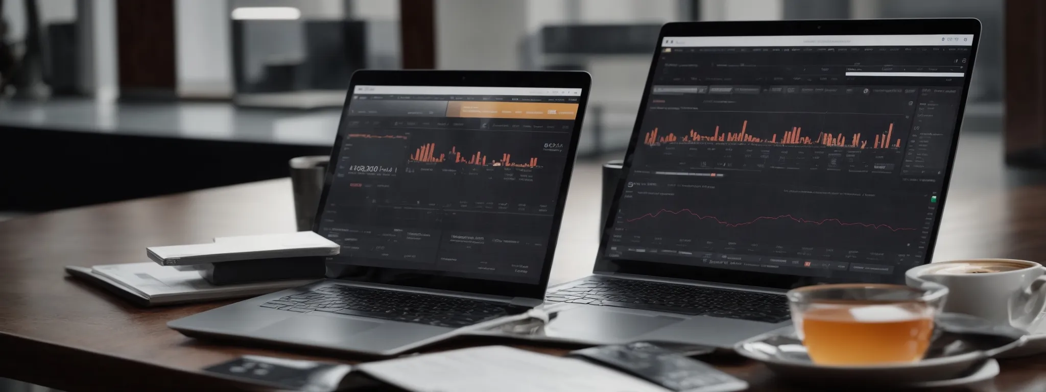 Two laptops displaying financial graphs and data sit on a wooden table with notebooks, papers, a smartphone, and a cup of tea or coffee nearby.