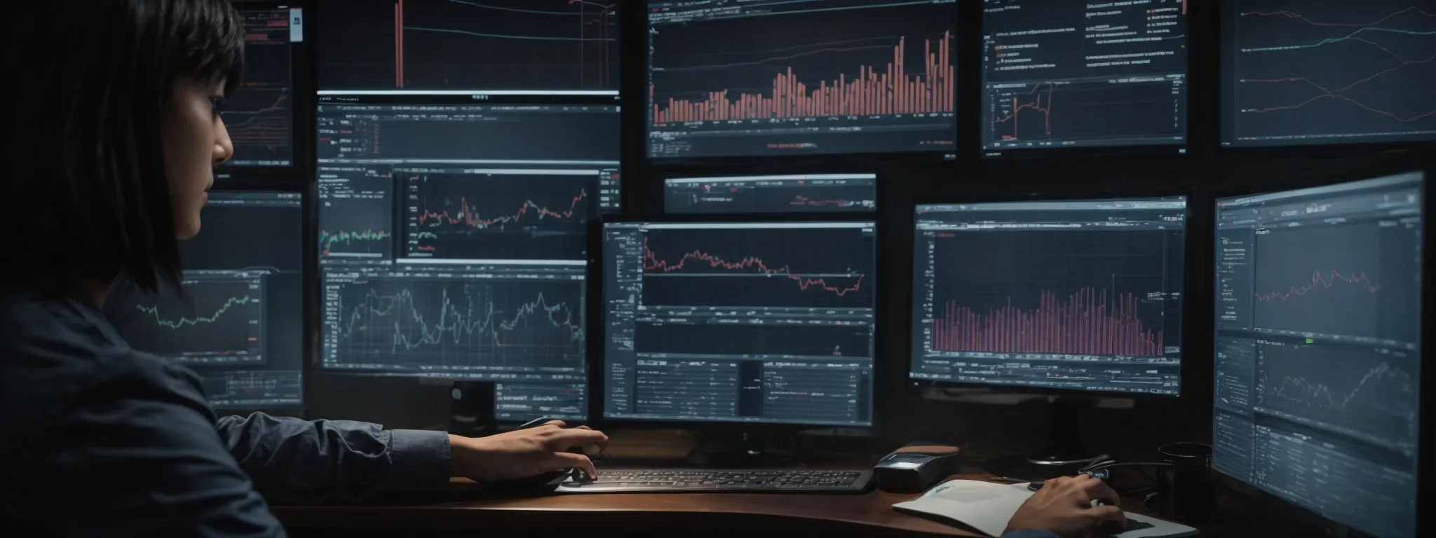 a digital marketer analyzes graphs and charts on a computer screen that display conversion rates and other key performance indicators.