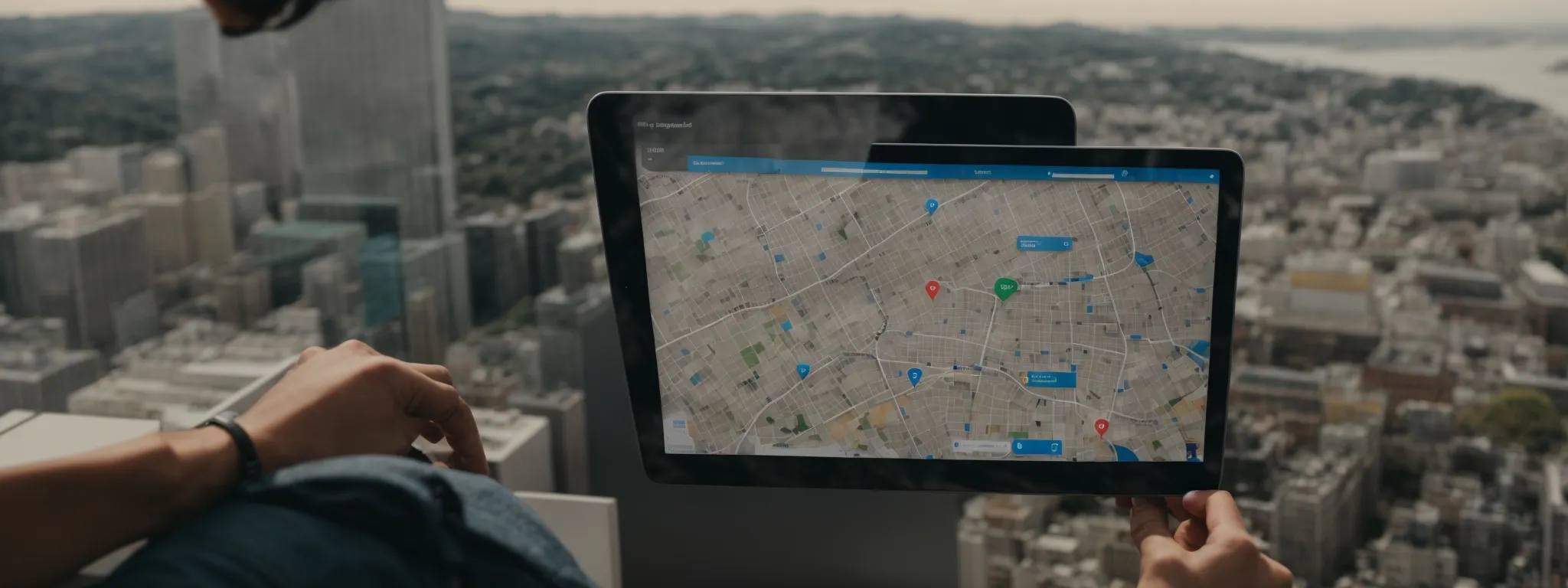 a marketer works on a tablet, strategizing social media posts with a map highlighting different city locations in the background.