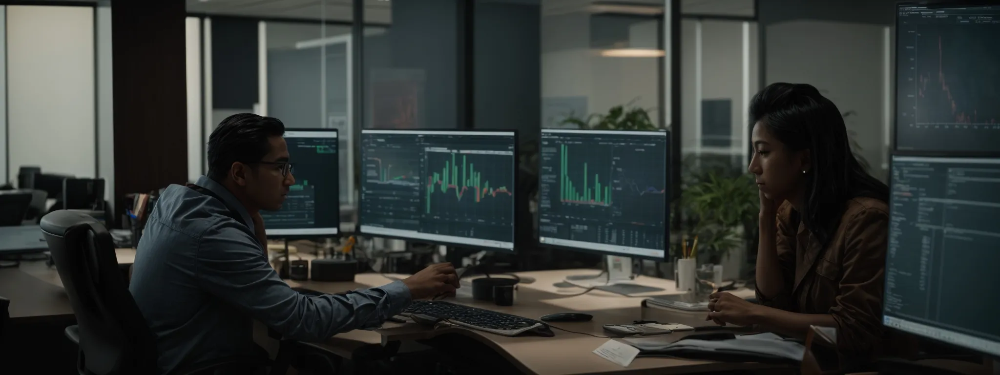 two professionals are engaged in a discussion over a computer screen displaying graphs and analytics in an office environment.