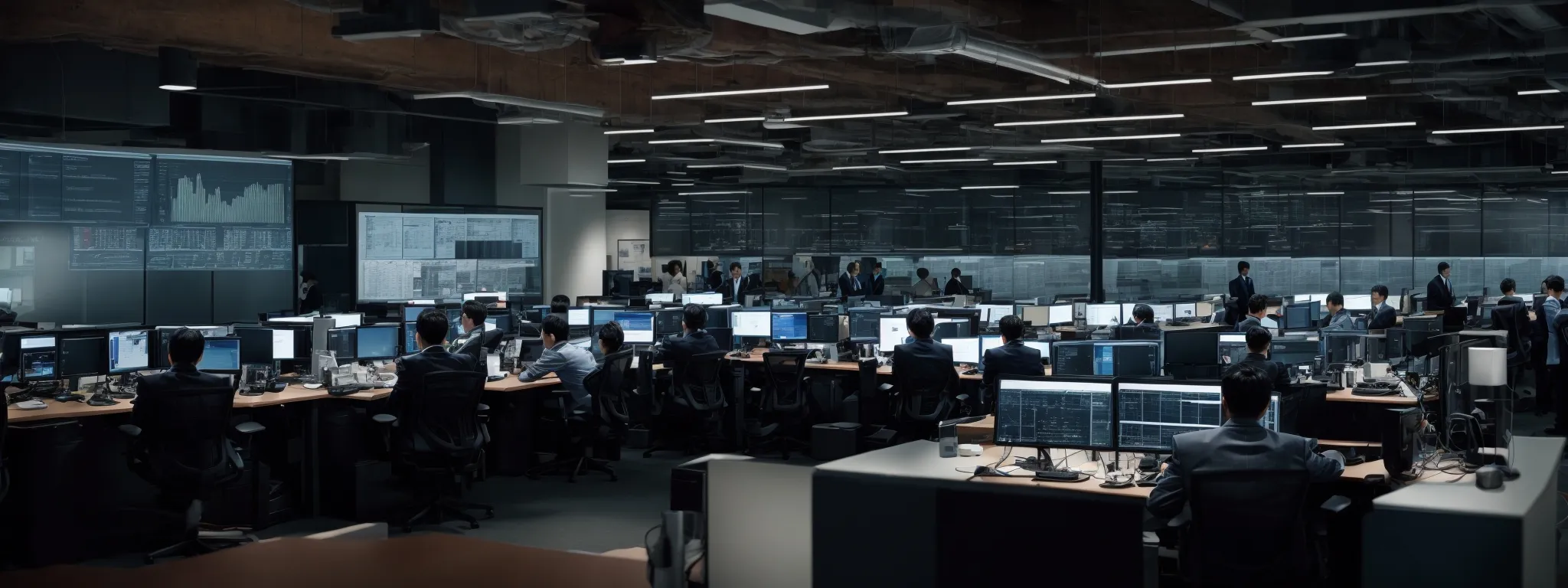 a panoramic view of a modern office with clusters of computers and analysts reviewing data trends on large screens.