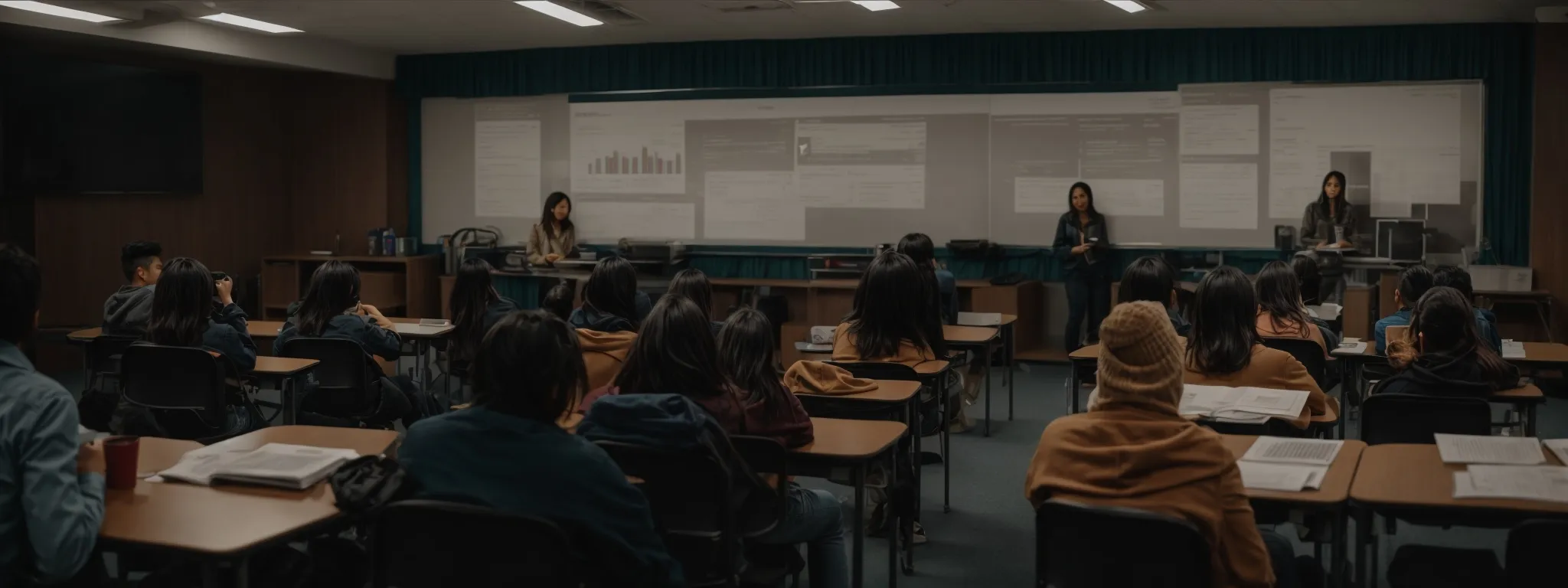a classroom with diverse students focused on a large screen displaying website analytics.