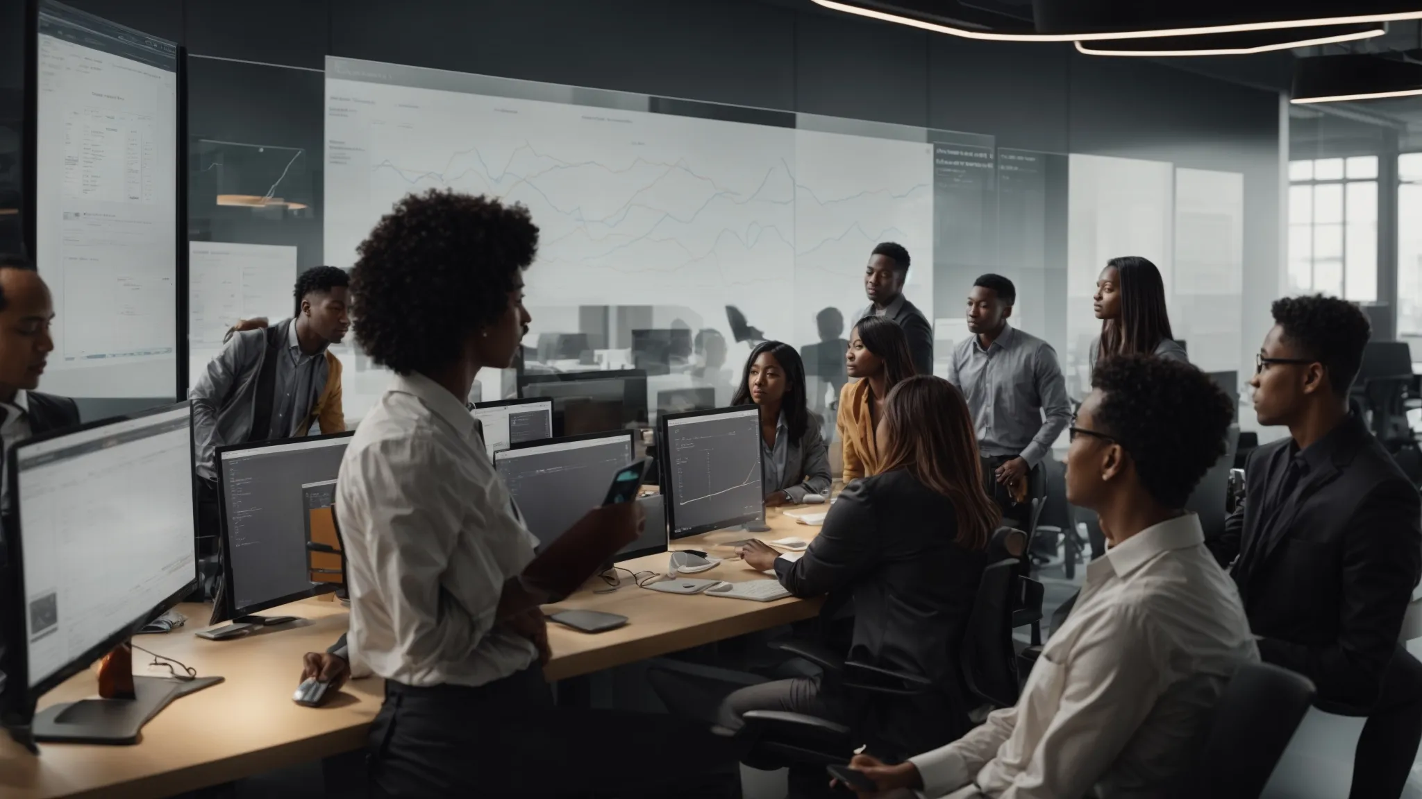 a diverse group of people are interacting in a modern office environment with visible charts and graphs indicating customer groups on a screen.
