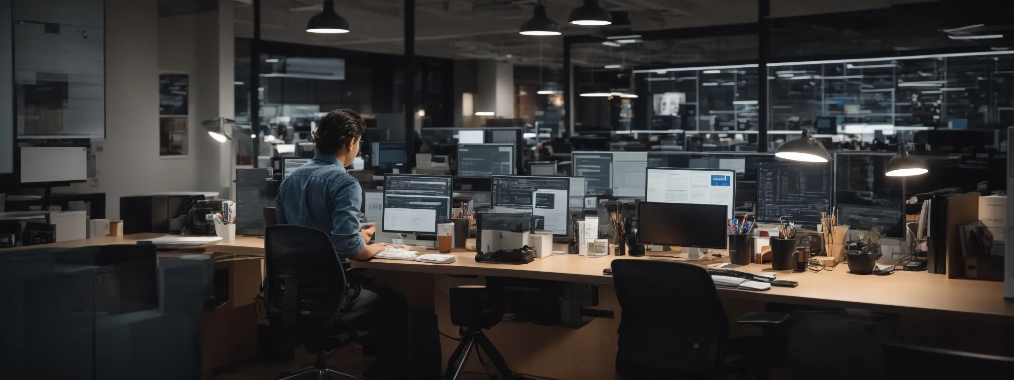 a modern office with a person working on a computer, surrounded by digital marketing and seo-related icons.