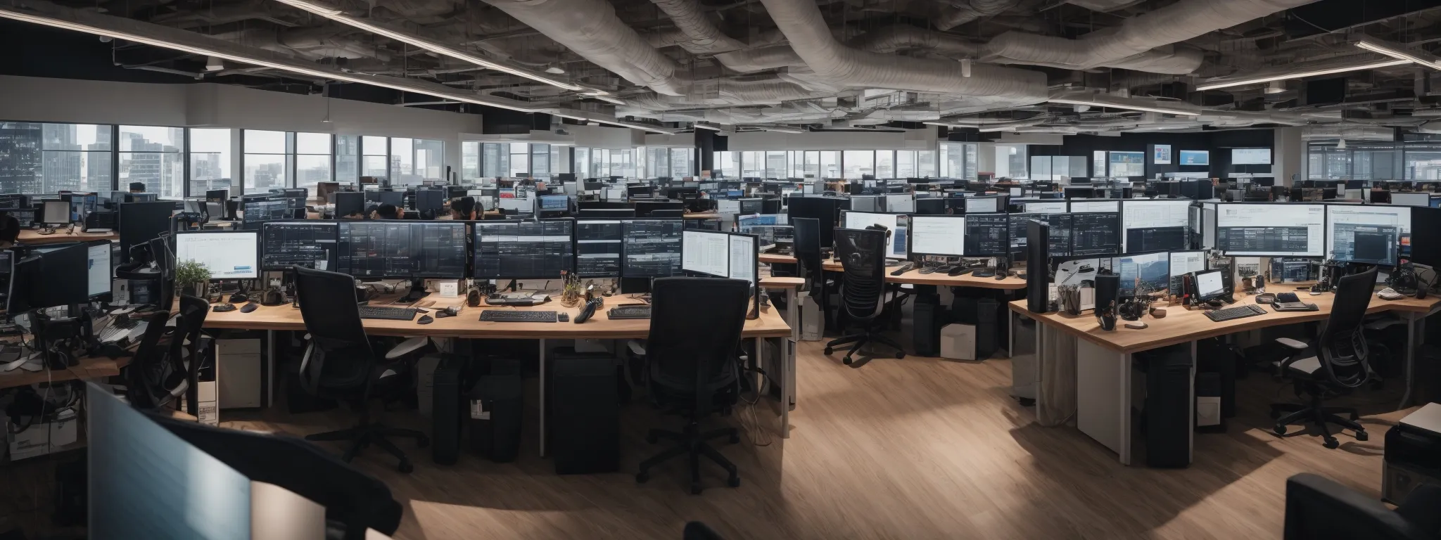 a panoramic view of a bustling digital marketing office with multiple screens displaying various analytics and campaign data.