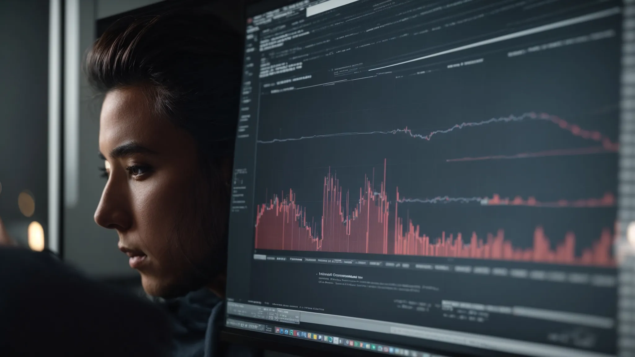a developer intently examines analytics on a computer screen, reflecting on website performance metrics.