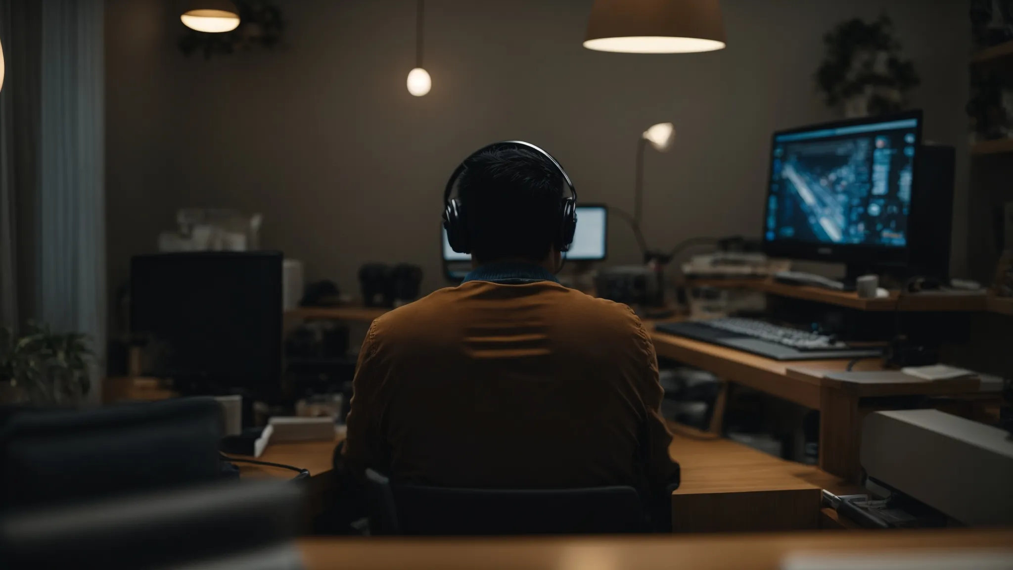 a person sitting in front of a computer, intently reading content on the screen.