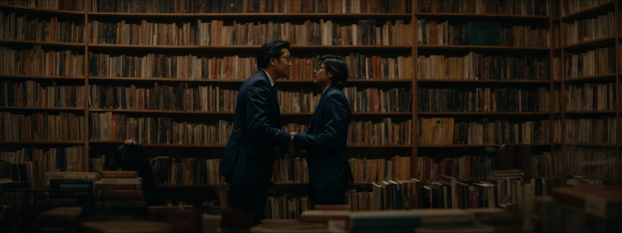 two authors shaking hands in front of a large bookshelf filled with books, symbolizing partnership and collaboration.