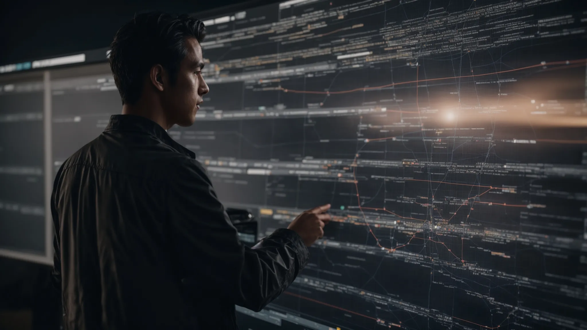 a web designer strategically connects nodes representing website pages on a large digital interface to optimize site navigation.