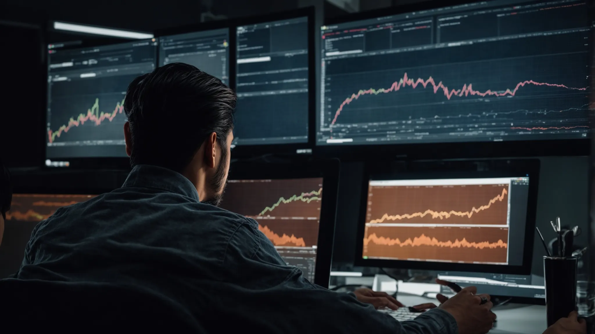 a person intently reviewing analytics on a computer screen with graphs showing website traffic trends.