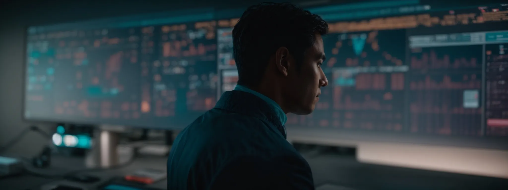 a digital marketer gazes at a large screen displaying ai analytics and content optimization tools.
