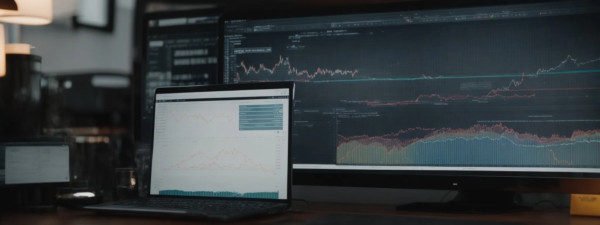 a computer screen displaying complex charts and graphs related to website traffic and search engine rankings.