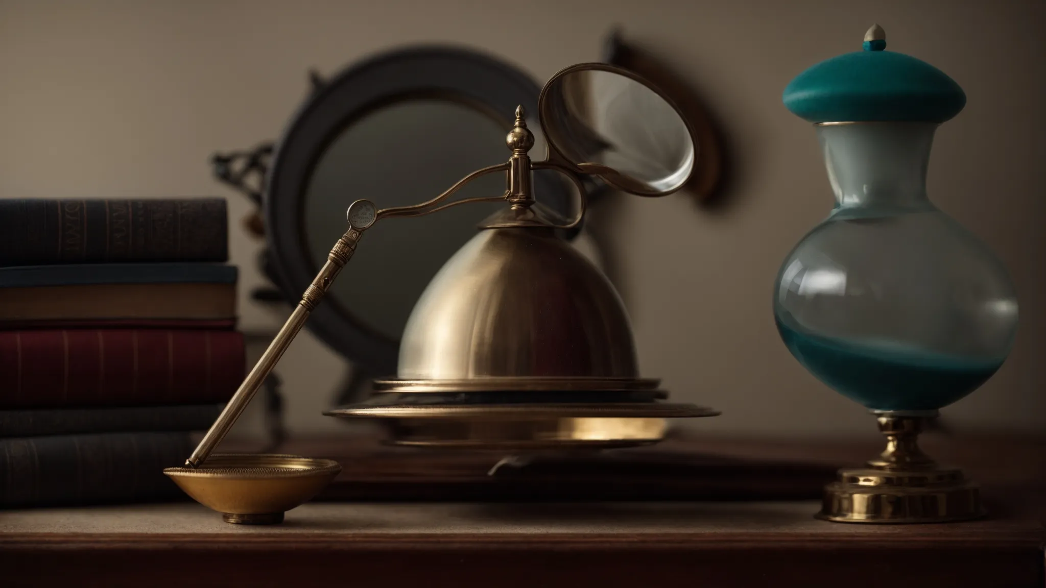 a balance scale evenly poised between a magnifying glass and a jester's hat.