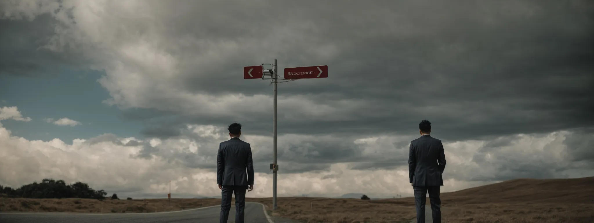 a marketer standing at a crossroad sign with multiple arrows pointing in different directions under a changing sky.