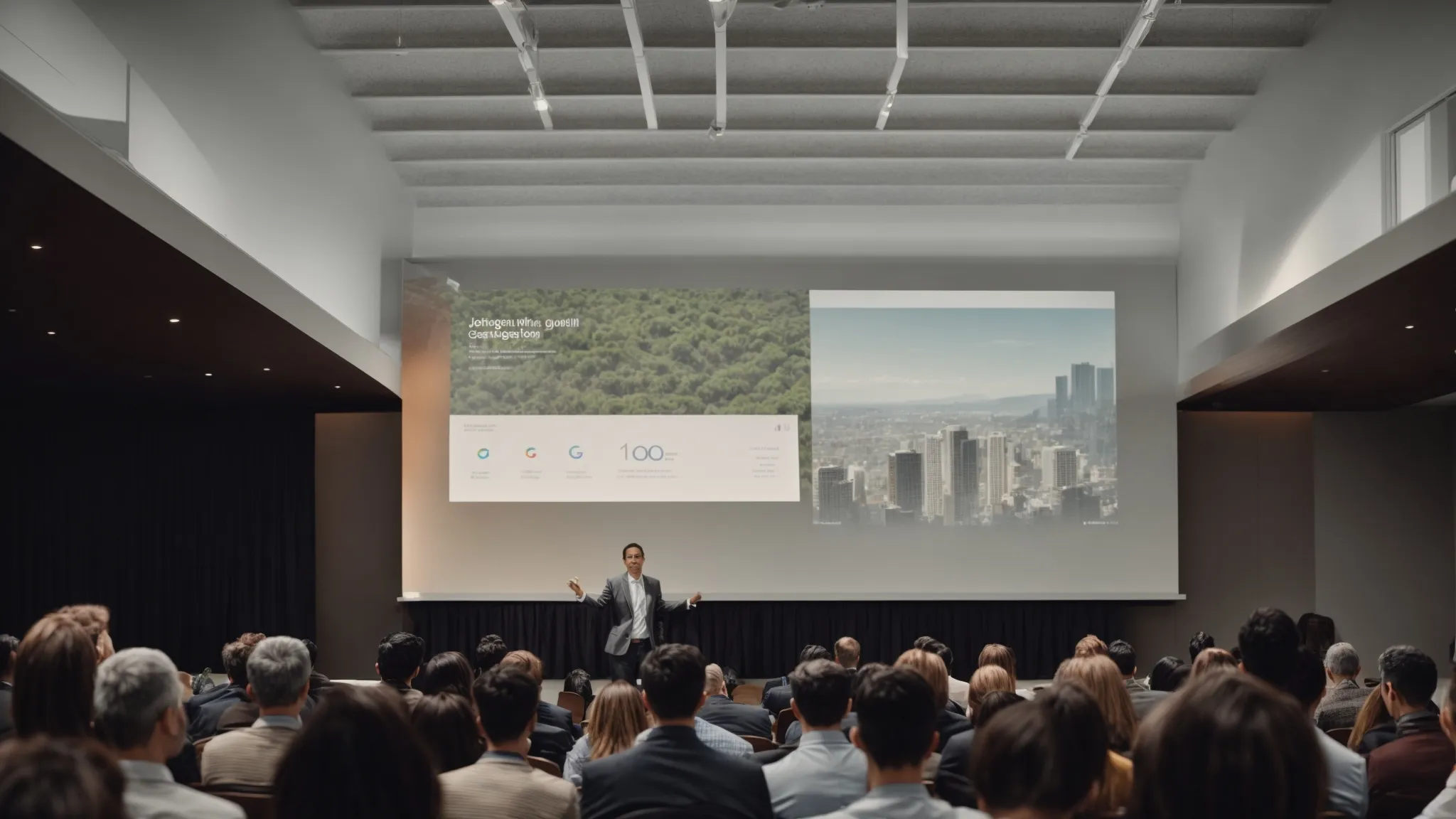 a person is giving a presentation to an audience about search engine optimization tactics with a slide labeled "google john mueller."