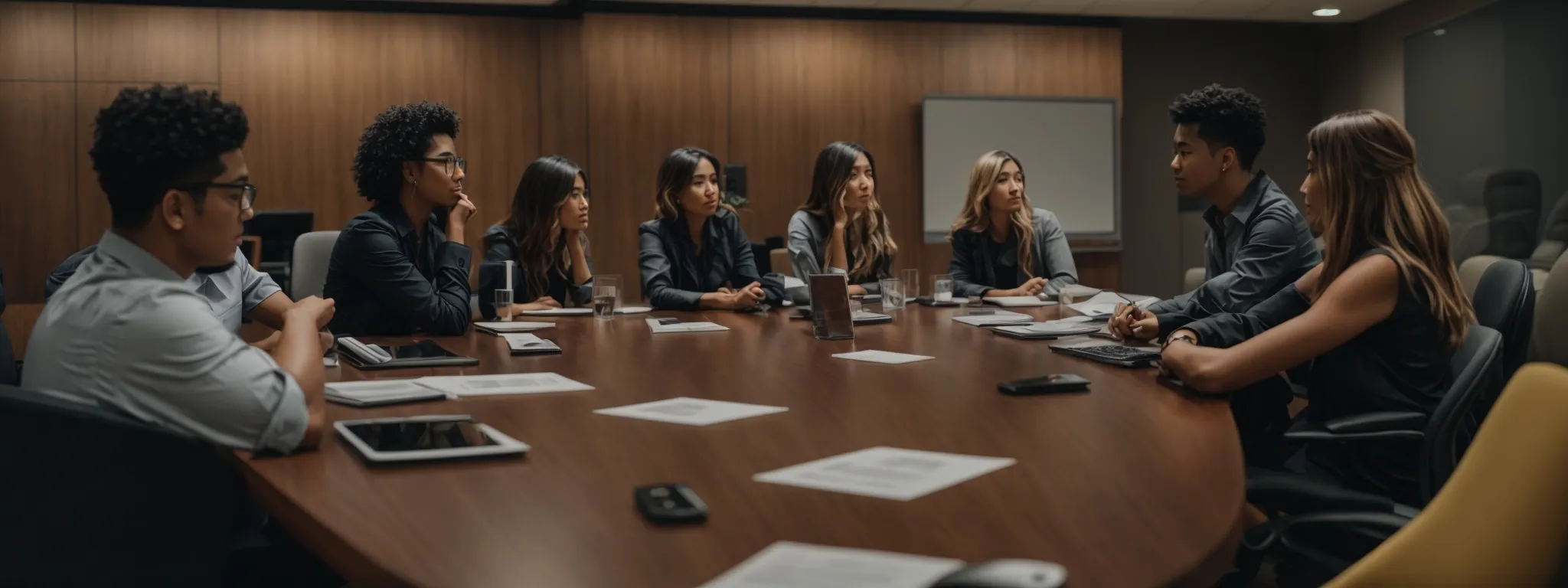 a meeting room with individuals engaged in discussion around a conference table, with digital marketing diagrams visible in the background.