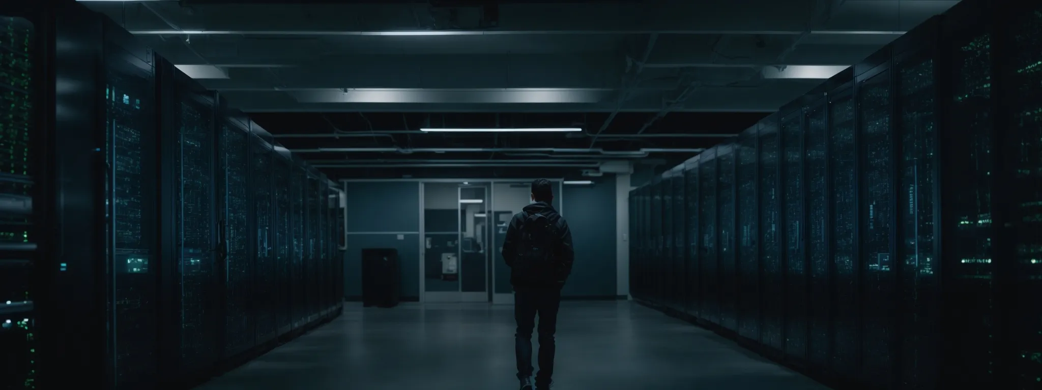 a secure data center with rows of servers and a cybersecurity analyst monitoring network activity.