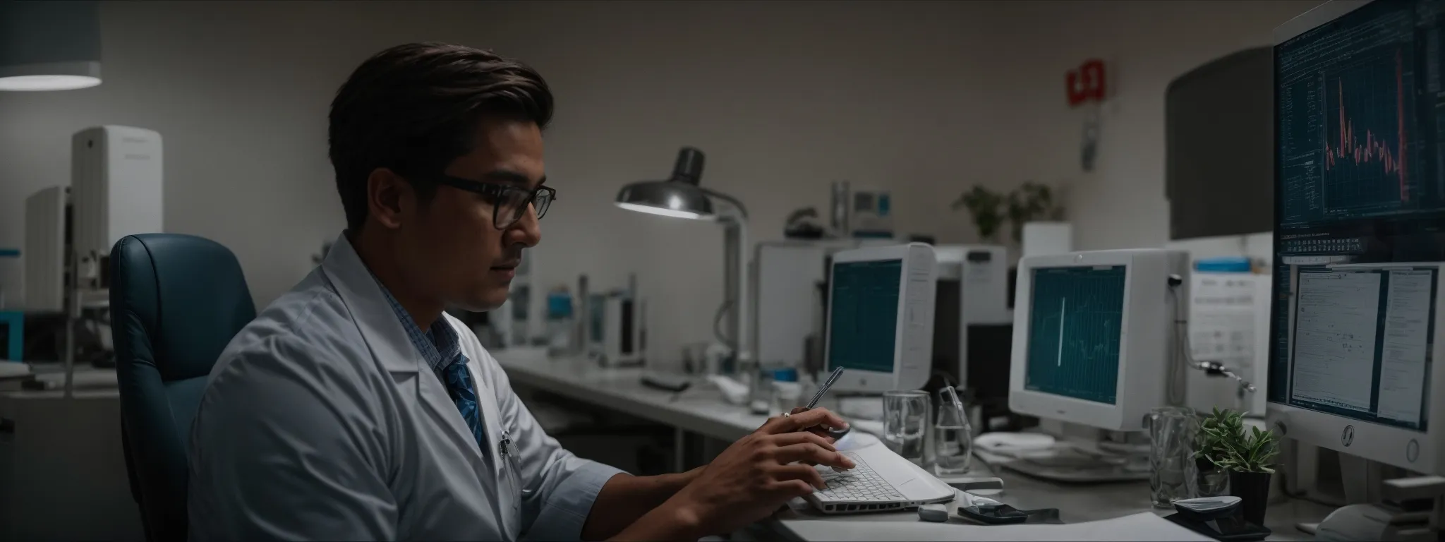 a veterinarian reviewing analytical data on a computer screen to optimize the clinic's website for search engines.