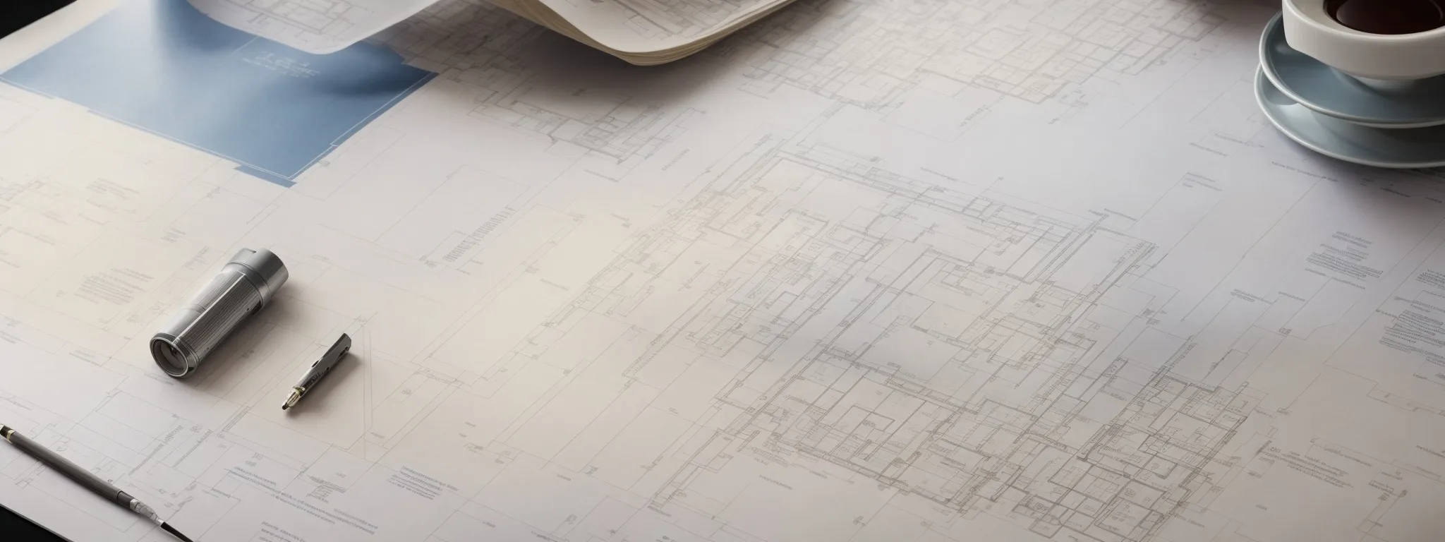 blueprints spread on a table underlying a website's architecture model, illustrating a planned, structured layout.