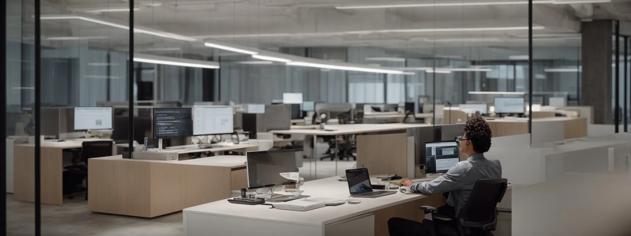 a person relaxing in a sleek, modern office, intently browsing through a pristine and user-friendly website on a computer.