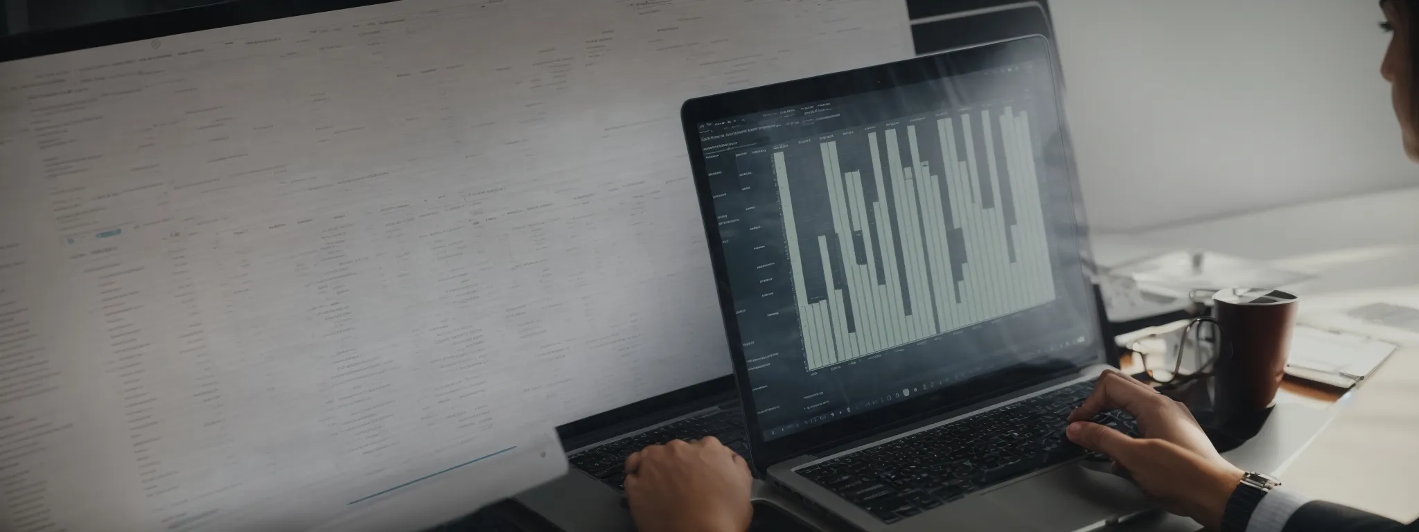 a person analyzing a spreadsheet on a laptop, surrounded by graphs and marketing reports.