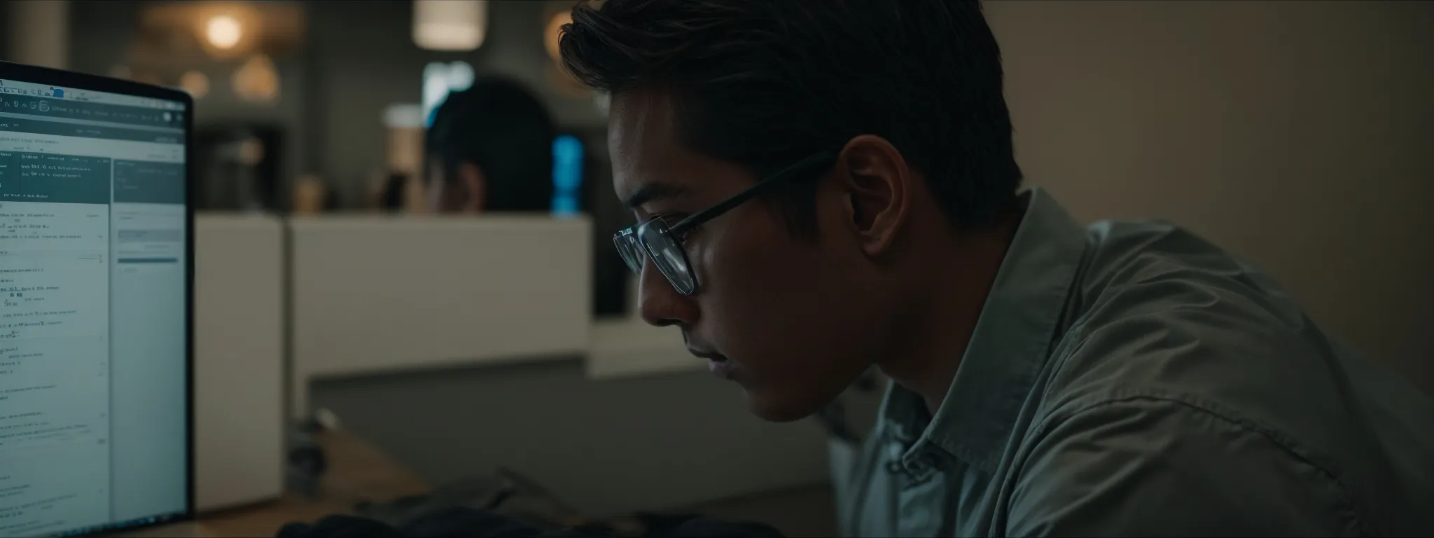 a web developer attentively examines lines of code on a computer screen while adjusting seo strategies for yahoo search optimization.