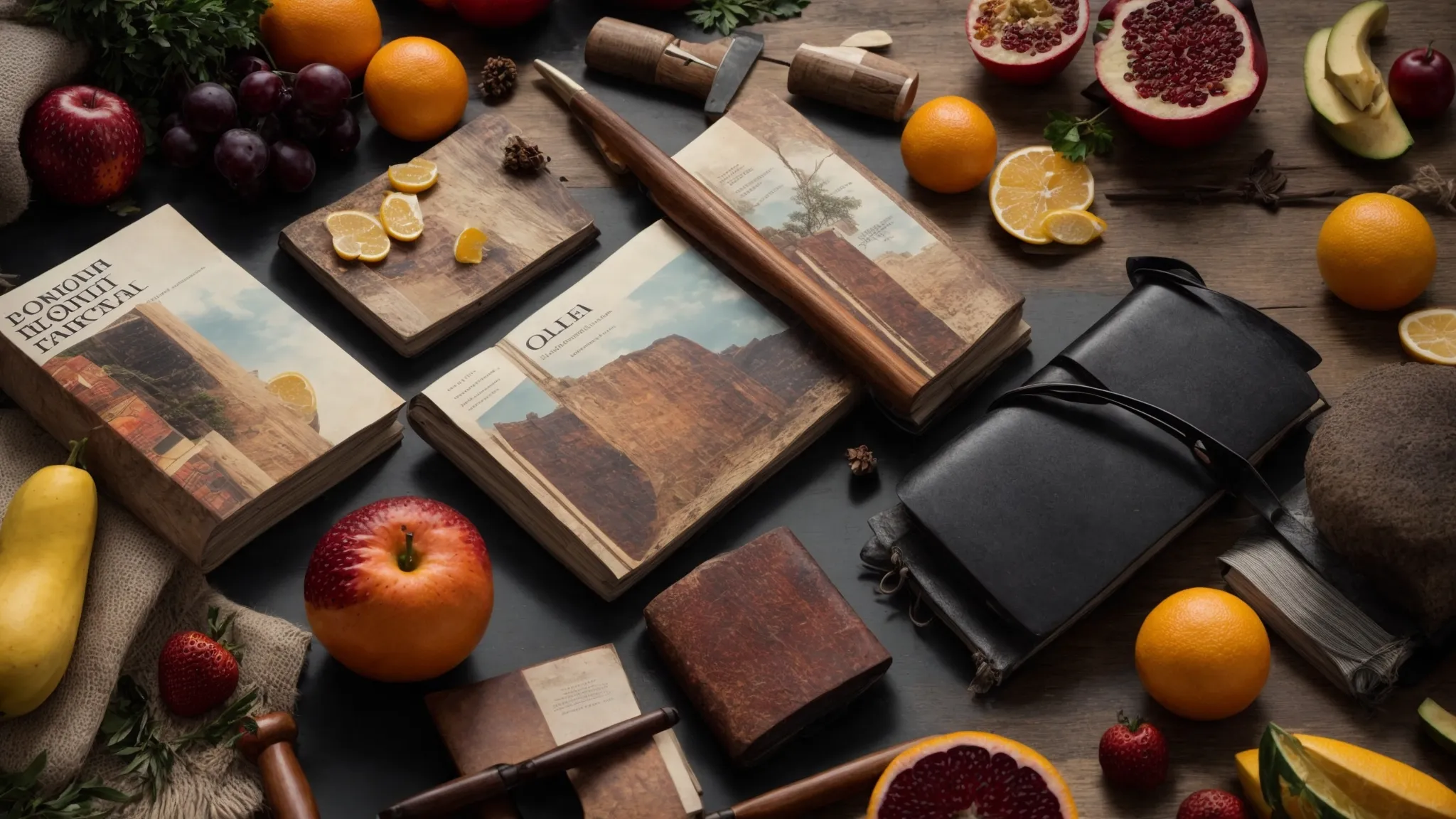 a collection of various objects such as books, fruits, and tools, each representing a different category, are spread out on a table.