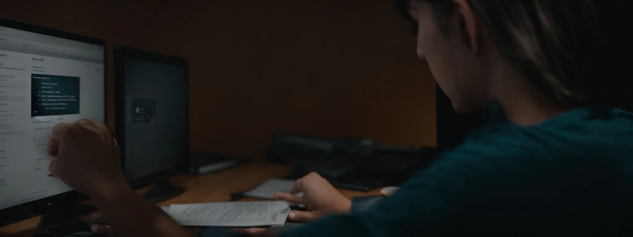 a focused individual clicks through an interactive outbrain seo quiz on a sleek, modern computer screen.