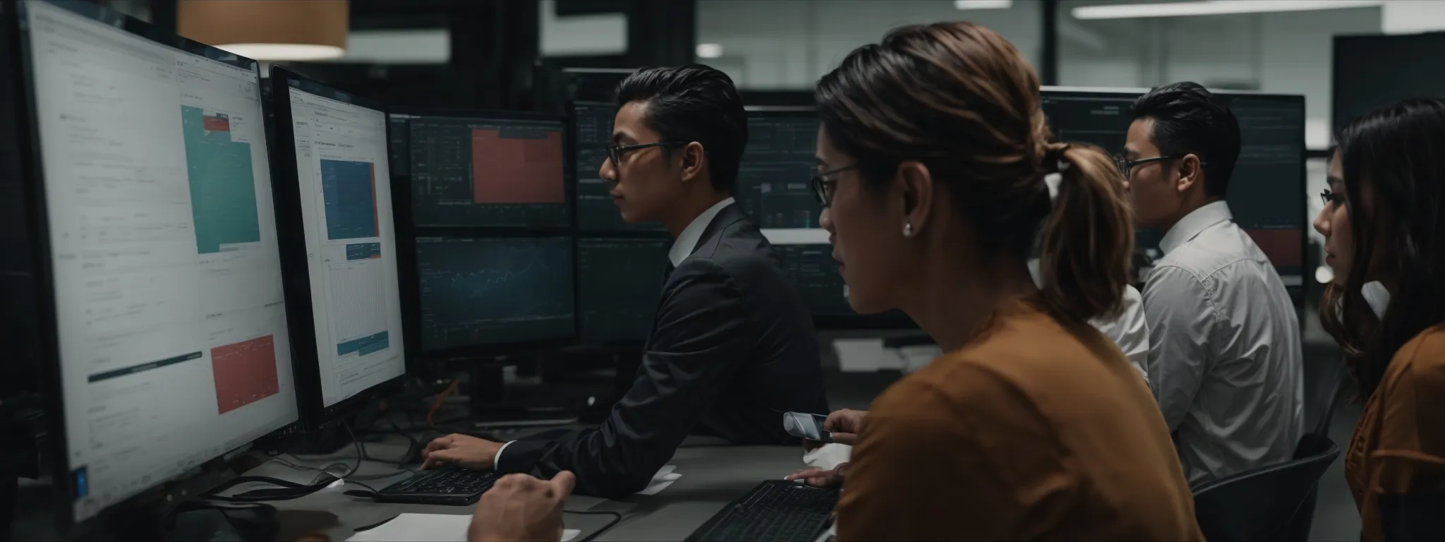 a digital marketing team analyzes data on a computer dashboard, strategizing their next collaborative seo and sem campaign.
